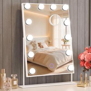 Hollywood Vanity Mirror with Lights 14" x 19", 10x Magnifying, 12 LED Bulbs, 3 Color Lights and 360 Rotation Desk Lighted Makeup Mirror for Bedroom Dresser College Dorm