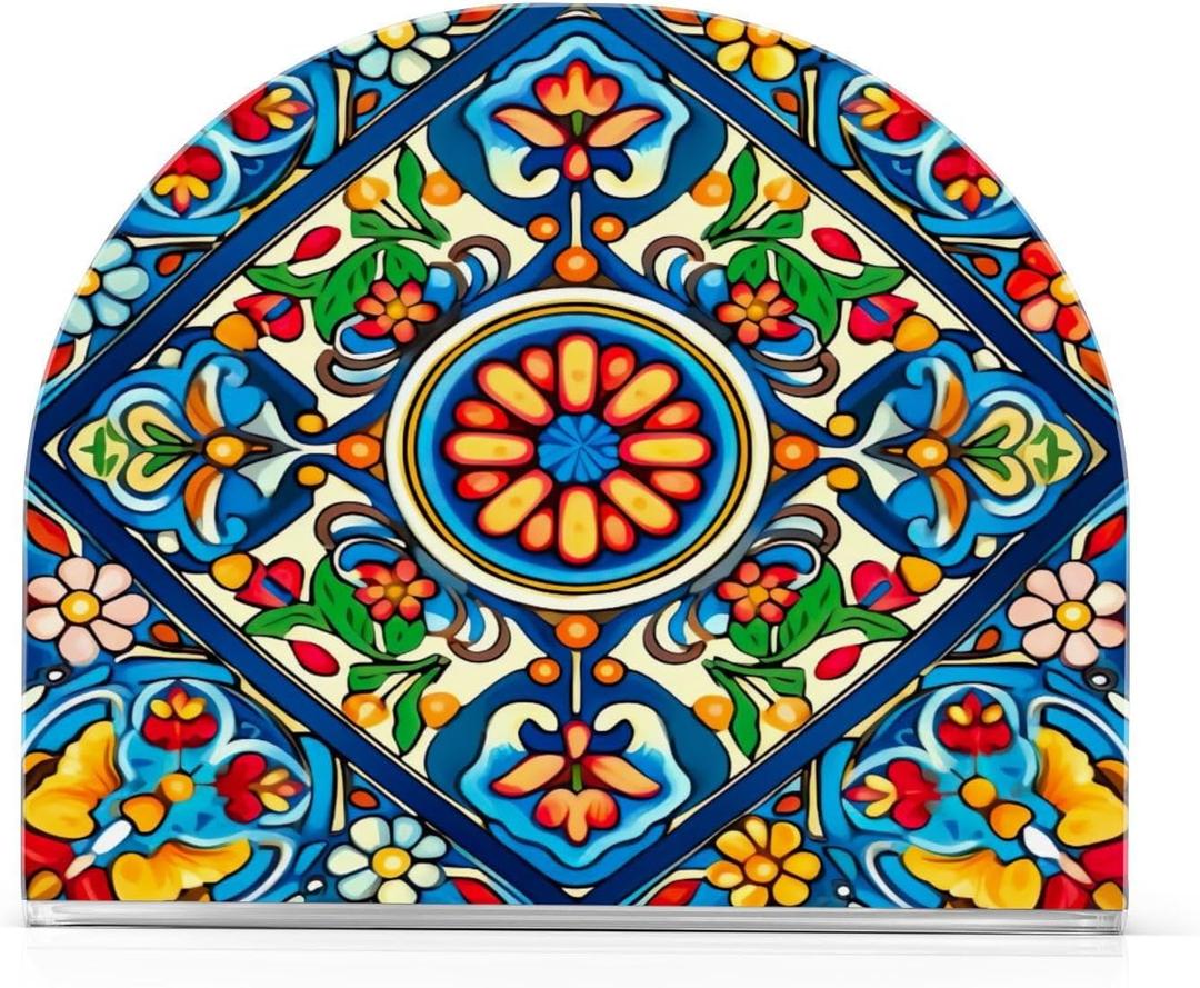 Qilmy Mexican Style Ceramic Tiles Napkin Holder for Tables Artistic Girls and Butterflies Napkin Holders for Kitchen, Table Napkin Holders, Cocktail Napkin Holder,Paper Napkins Holder