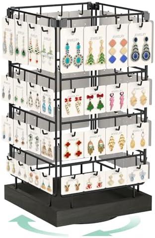 EsLuker.ly Rotating Earring Display Holder Stand for Vendors Events Selling, Large Capacity 20 Hooks Jewelry Rack with Wooden Base for Earring Card Sales, Enhances Retail Visibility