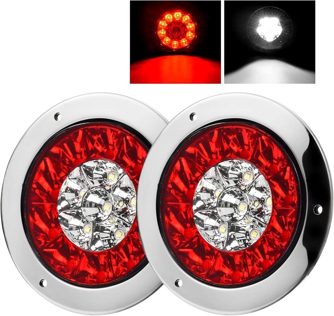 LIGBT 4Pcs 4 Inch Red White LED Round Trailer Tail Lights and Reverse Lights 16LEDs IP67 Waterproof Red Stop Turn Tail Lights and White Backup Lights Kit For Boat Trailer Truck RV