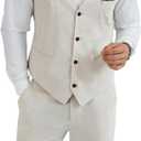 Mens Linen Suit 2 Piece Short Suits for Men Casual Summer Beach Groom Wedding Suit Linen Vest Shorts Set, Beige XL