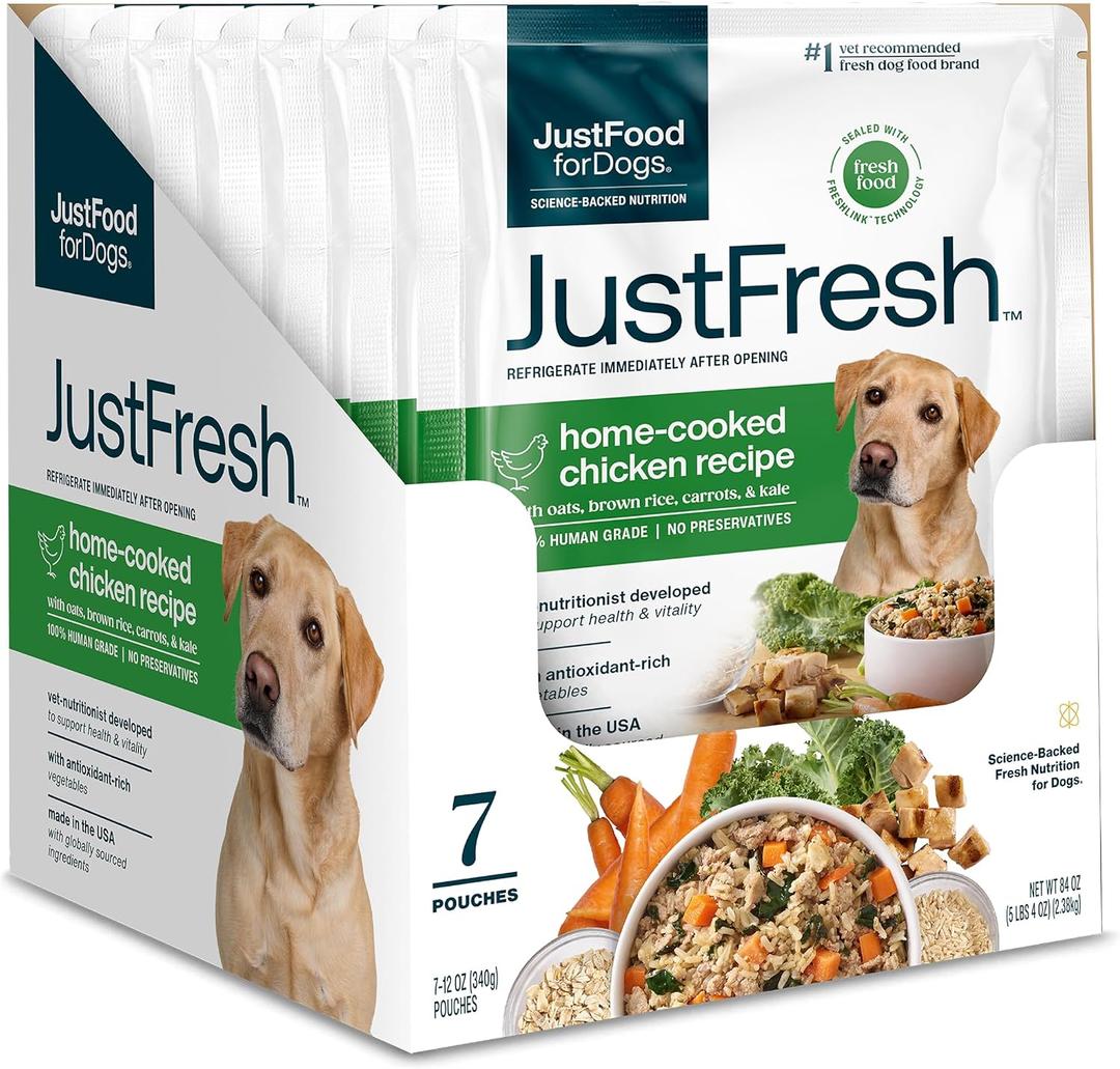 JustFoodForDogs JustFresh Wet Dog Food, Fresh Pet Meals and Toppers with No Preservatives, Resealable Package, Human Grade, Home-Cooked Chicken, 12 oz - 7 Pack (EXP 05/27/28)