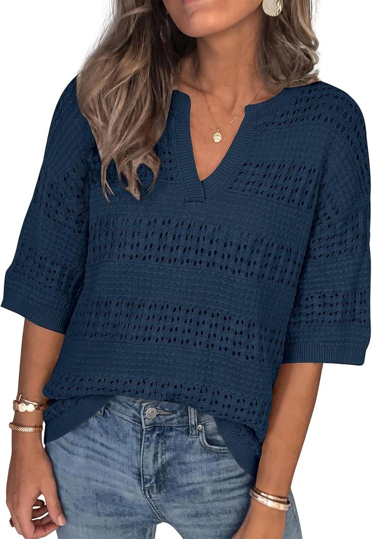 PRETTYGARDEN Womens Crochet Tops Casual Cotton Hollow Out Knit Short Sleeve Oversized Sweater for Women Summer Beach Cover Up (X-Large, Dark Blue)