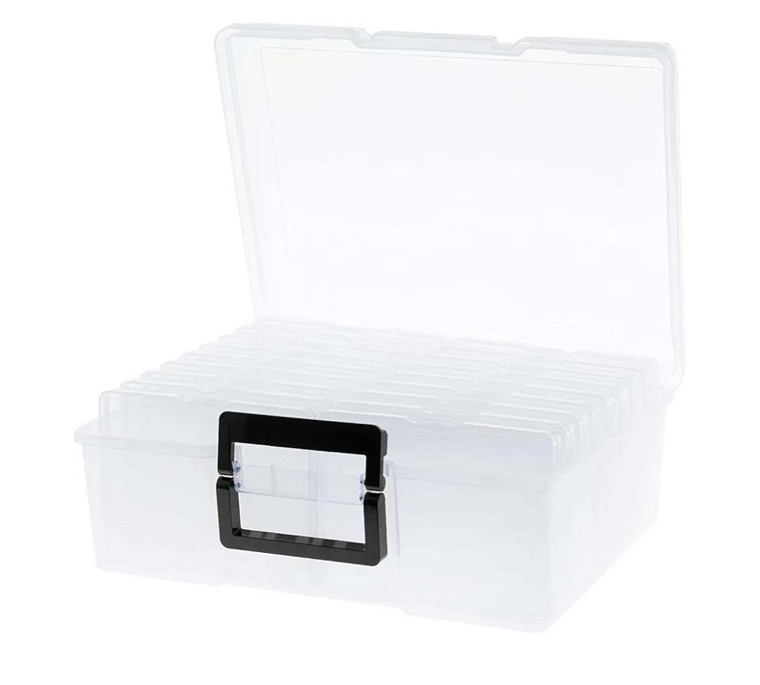Photo Storage Box 5" x 7", 18 Inner Extra Large Photo Organizer Container, Plastic Craft Storage Box with Handle for Pictures Stickers Stamps Seeds