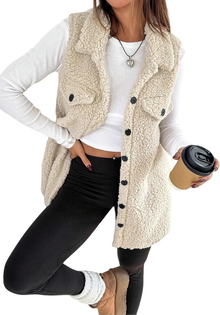 Women's Fleece Sherpa Vest Trendy Long Vests Sleeveless Jacket Oversized Trendy Button Down In Fall And Winter