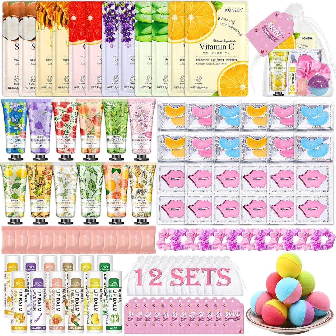 120 PCS Spa Party Supplies for Women, Spa Party Favors Include Face Masks Skincare, Hand Cream, Lip Balm, Under Eye Patches, Lip Mask and Foot Bath Bombs, Spa Birthday Sleepover Party Supplies