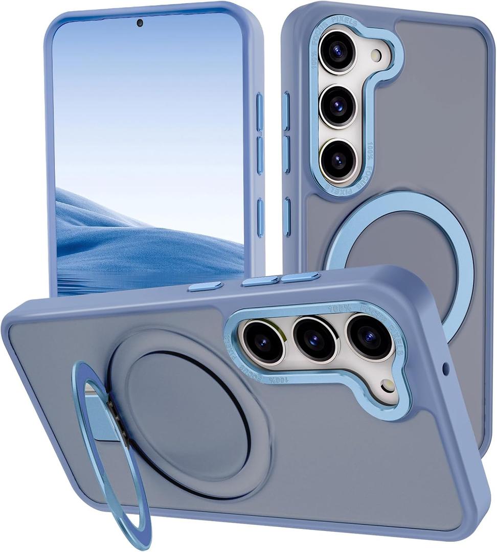 for Samsung Galaxy S24 Translucent Matte Case Compatible with MagSafe Military Grade Drop Tested, Built-in Adjustable Magnetic Ring Stand for Work/Video - Blue