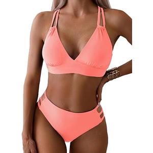 Fanuerg Women's Sexy V Neck Bikini Sets Hollow Out Two Piece Swimsuits Cutout Mid Waist Bathing Suit Coral Pink, XS