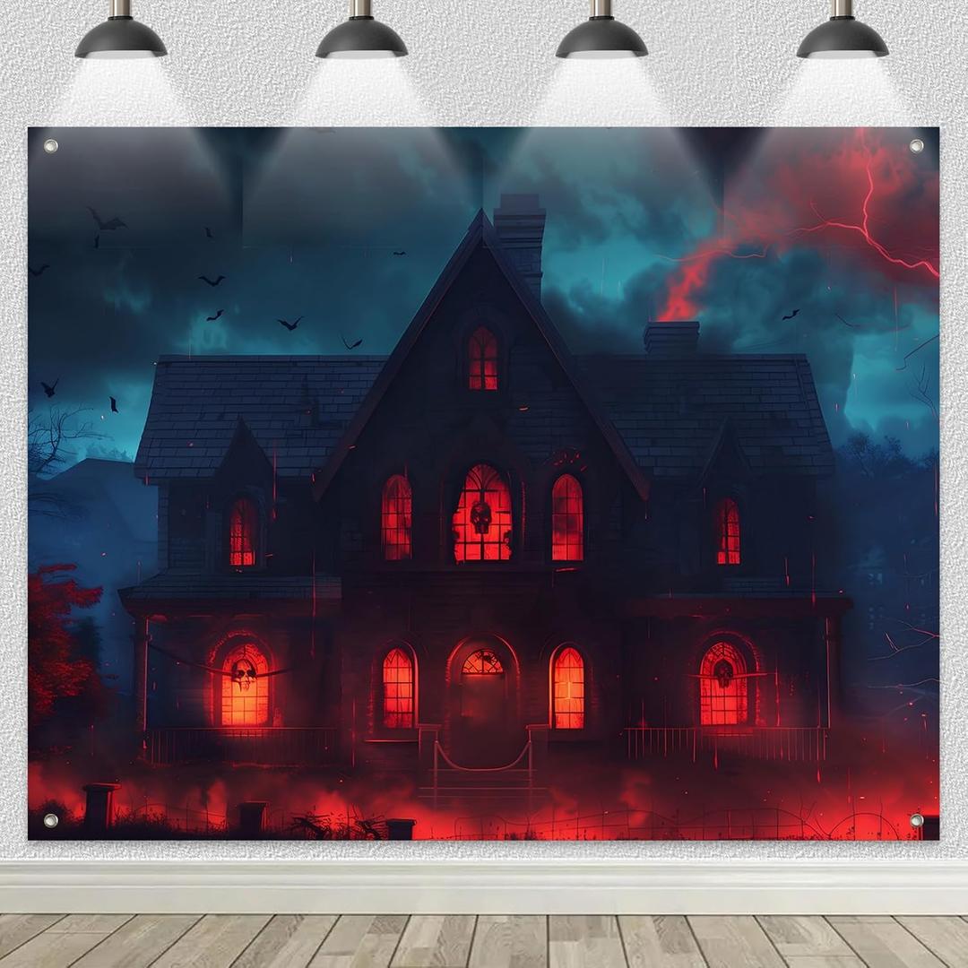 Halloween Haunted House Backdrop Banner 8x6ft Spooky Gothic Manor Red Window Horror Castle Background for Trick or Treat Haunted Mansion Decoration Scary Party Photo Booth Props