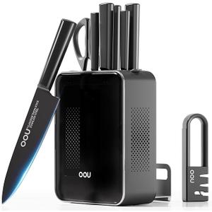 OOU Knife Set with Block and Sharpener,9 Pcs High Carbon German Steel Knife Block Set, Dishwasher Safe Knife Set with Upgrade Ventilated Block & Built-in Cutting Board Organizer, Anti-Rust