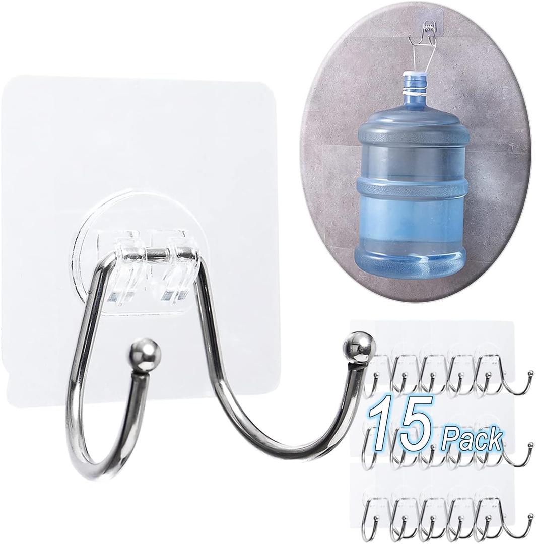 15 Pack Large Double Adhesive Wall Hooks, Damage-Free Waterproof 33 Ib Max Heavy Duty Hanging Clear Seamless Sticky Utility Hooks, Towel Coats Hats Clothes Nail Free Hangers (Twin Round Head)