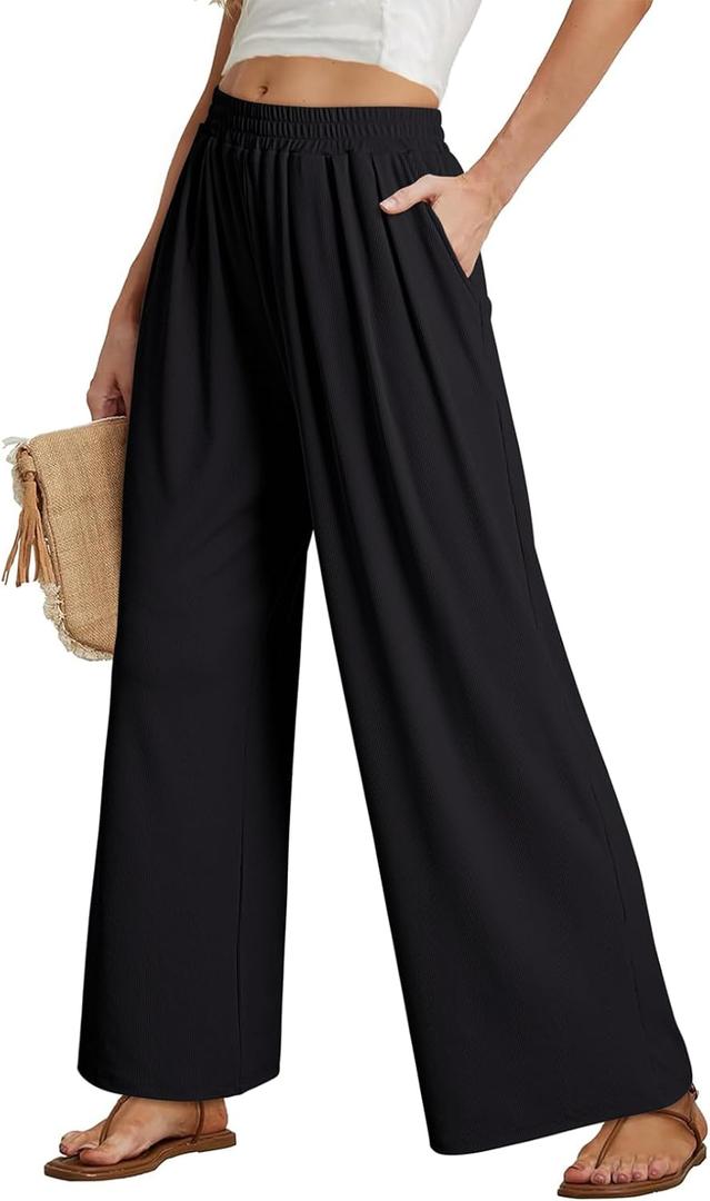 Dokotoo Women's Elastic Waist Wide Leg Pants Baggy Casual Stretch Palazzo Pants with Pockets (Black), S