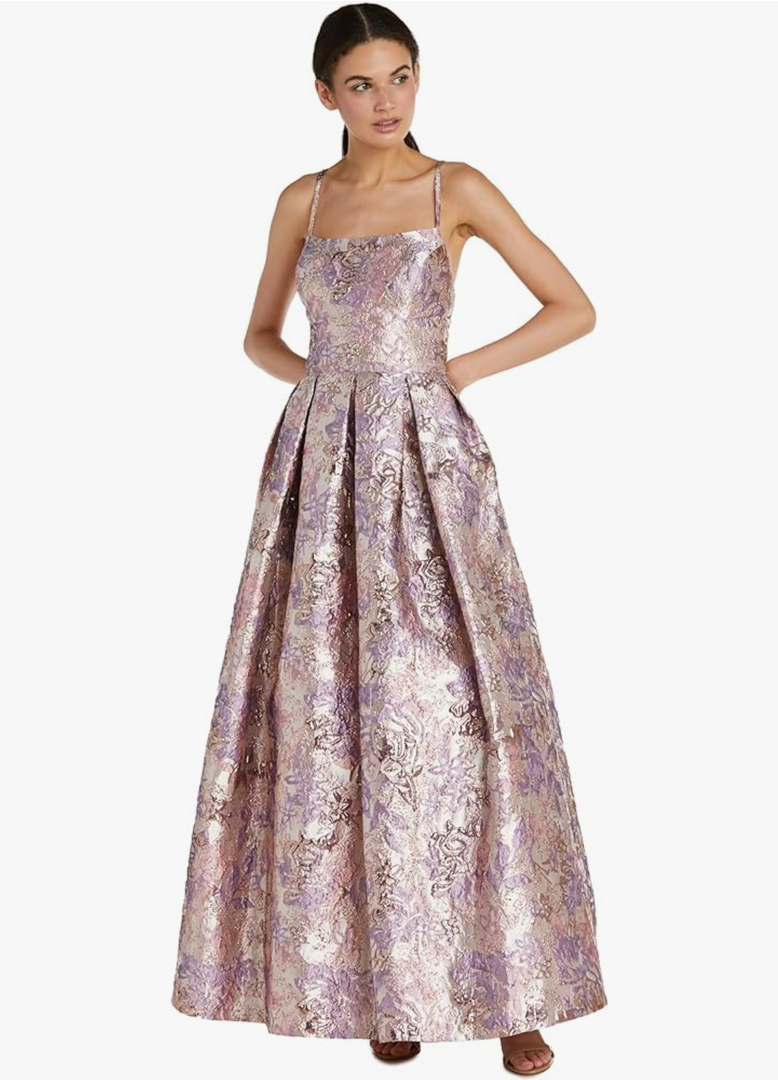 Long Metallic Jacquard Ballgown W/Spaghetti Straps & Cut Out Back Size 3Us