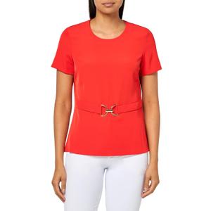 H Halston Womens Gold Halston Belt Short Sleeve Round Neck Top (Red, M), Size 8