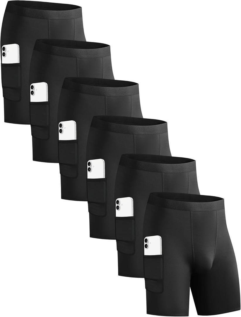 6 Pack Compression Shorts with Pocket Men Sports Workout Performance Athletic Running Underwear Shorts Spandex (Black, S)