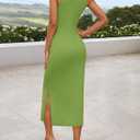 ZESICA Women's Summer Knit Bodycon Midi Dress 2026 Sleeveless Floral Crewneck Color Block Long Beach Party Dresses (L)