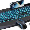 Wireless Keyboard and Mouse Combo,SABLUTE KM25Pro Rechargeable Backlit Ergonomic Keyboard with 4000mAh Battery, Wrist Rest and Phone Holder, Quiet for PC/Mac/Laptop/Windows/Chrome OS (Black)