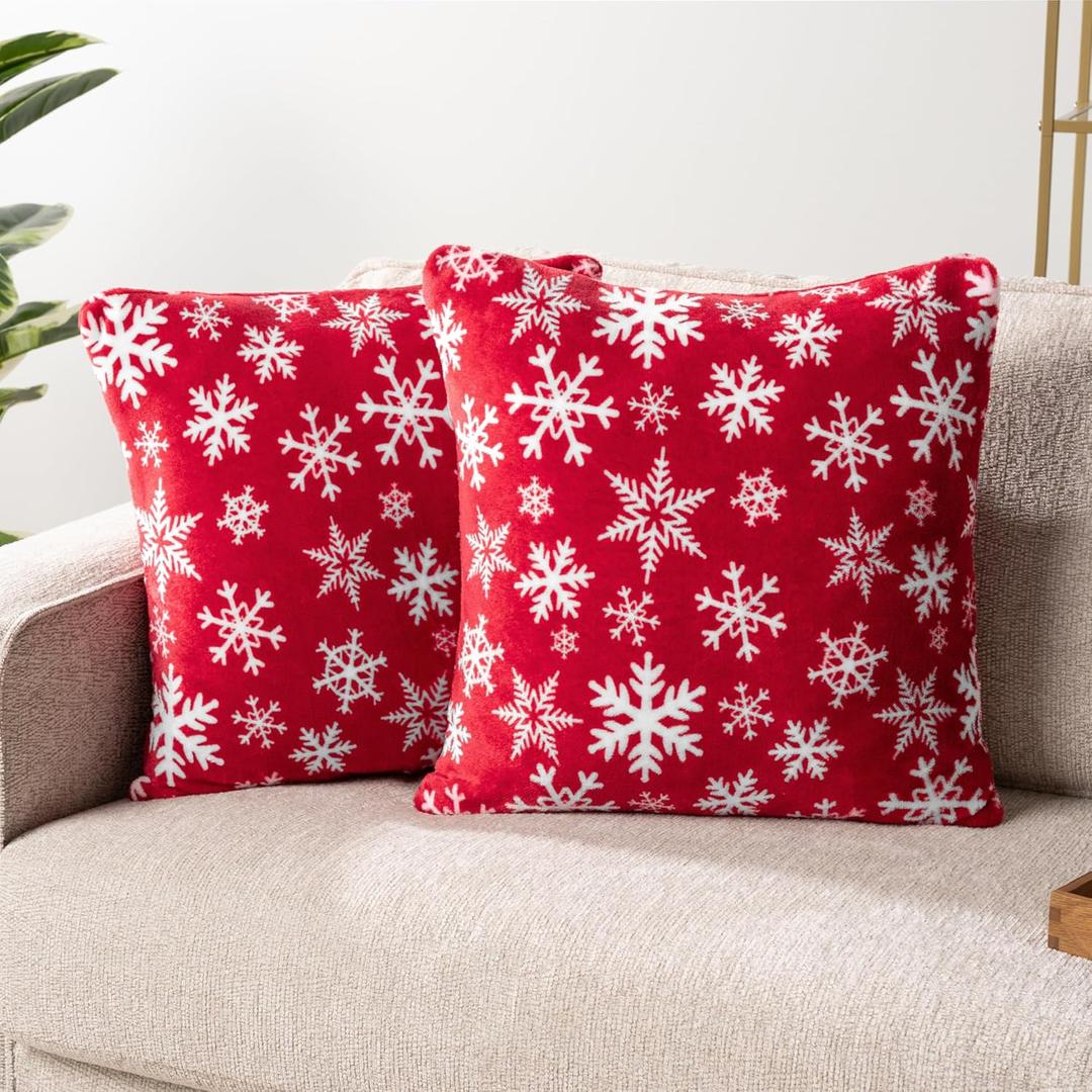 PAVILIA Holiday Throw Pillow Covers 18x18 Set of 2, Decorative Pillow Cases Bed Sofa Couch, Christmas Winter Accent Decor Cushion Bedroom Living Room, Velvet Square Euro Sham Covers, Snowflake Red