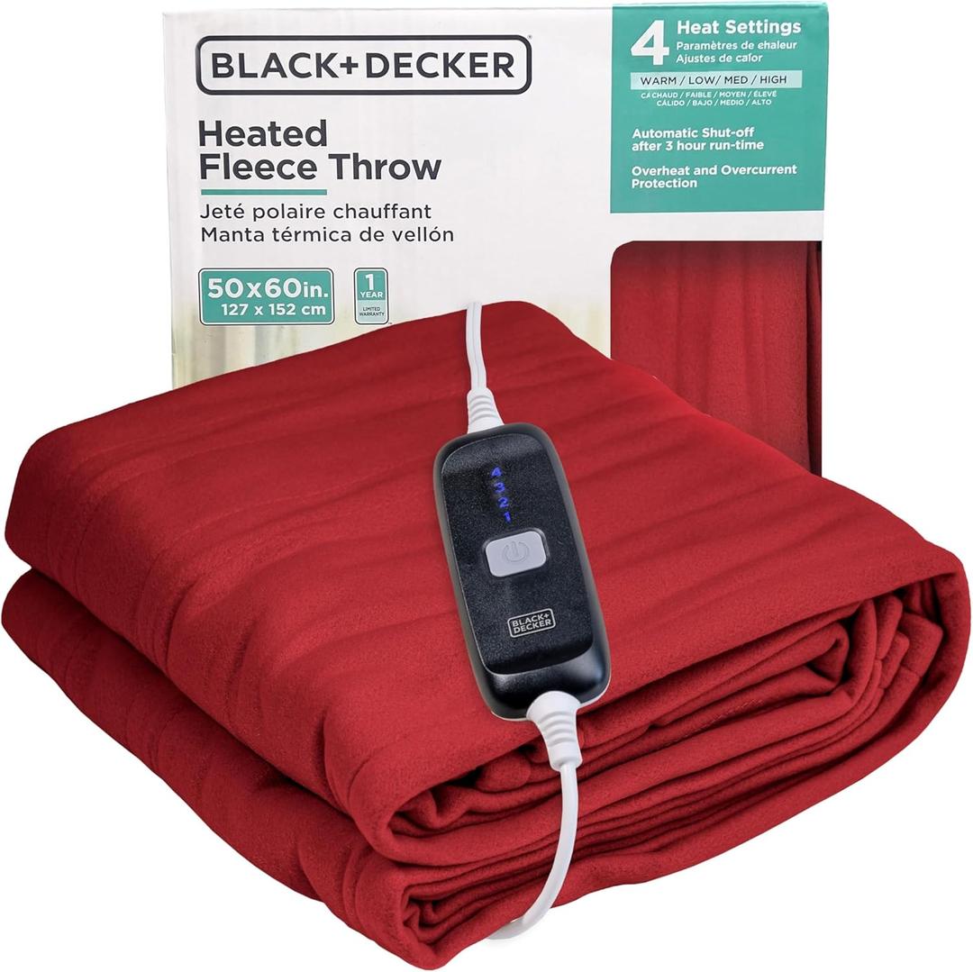 BLACK+DECKER Heated Blanket Electric Throw, Fleece Electric Blanket, Heating Blanket with 4 Heating Levels, 3H Timer, Auto Shutoff, Fast Heating (50x60 inches, Maroon)