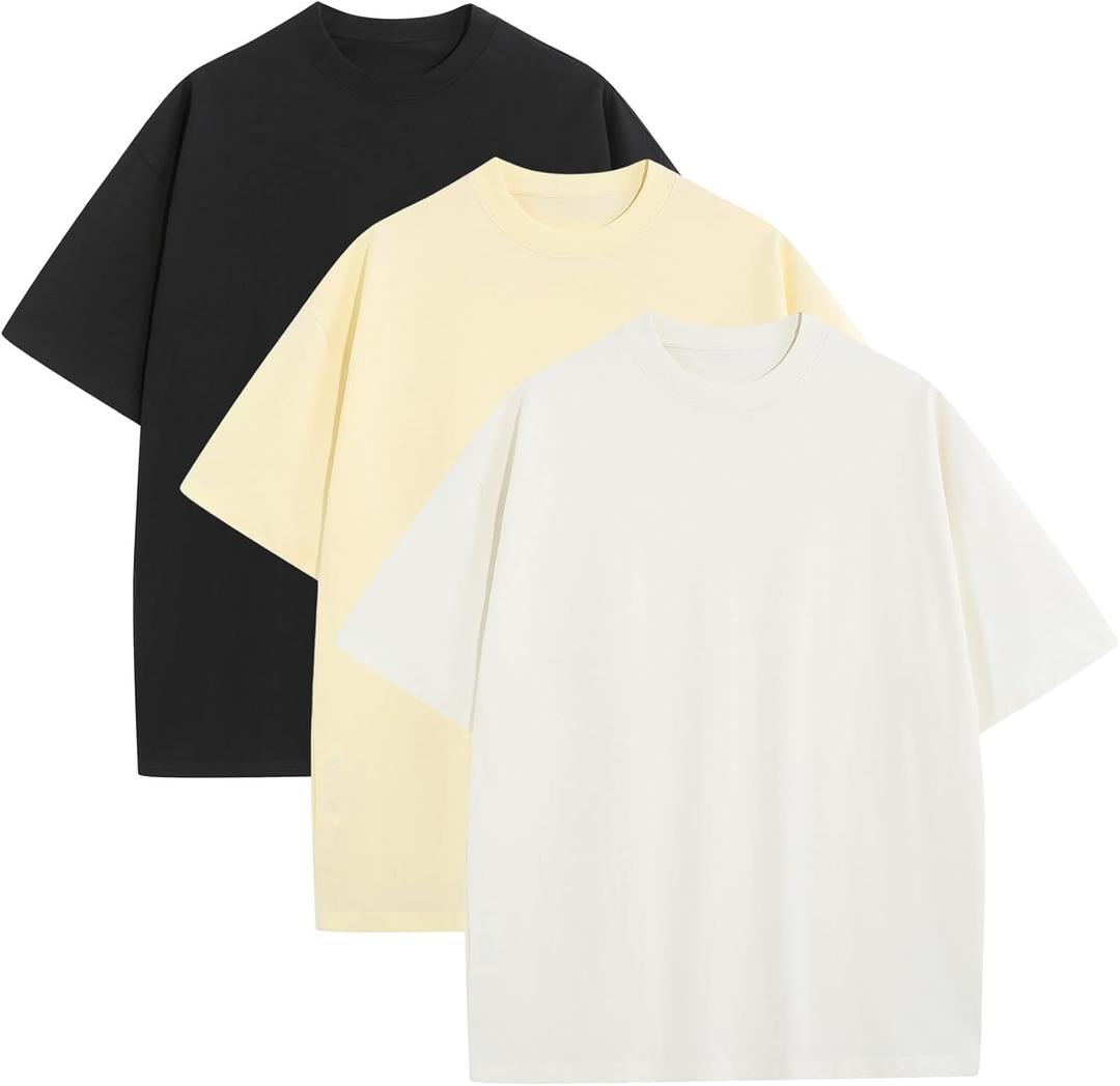 Mens Oversized T-Shirts Fashion Loose Fit Crewneck Tshirt Streetwear Heavyweight Short Sleeve Tee Shirt Gym Workout Tops (Small, Black+beige+white)