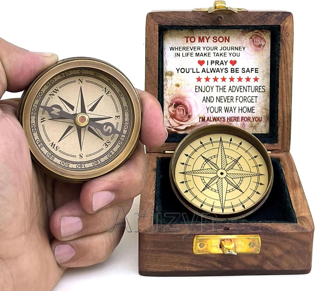 to My Son Brass Compass with Wooden Box Mom to Son Compass, Father to Son Gifts, Graduation Day Gifts for Son, Baptism, Confirmation & Communion Compass for Men & Women, Greeting Card Included, Multi