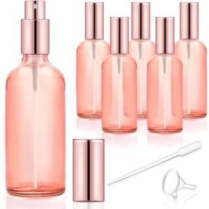 6 Pack 3.4 Oz Pink Glass Spray Bottles,Empty Perfume Fine Mist Atomizer,Refillable Travel Liquid Holder Containers for Cleaning Products,Essential Oils,Body Sprays-Rose-Golden Sprayer