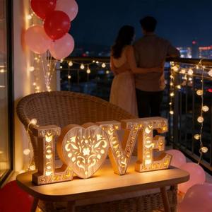 Vintage Rustic Valentines Day Wooden Love Letter Table Centerpiece Glowing Block Sign Valentine Party Table Tiered Tray Decor Romantic Tabletop Lighted for Marriage Wedding Honeymoon broken