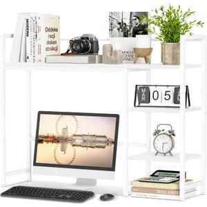 Snughome Desk Shelf, 38.6" Desktop Organizer Shelf, Desk Hutch for Computer Monitor, 4 Tier Desk Display Rack, Wood Desktop Bookshelf Storage Rack for Home Office Dorm, White