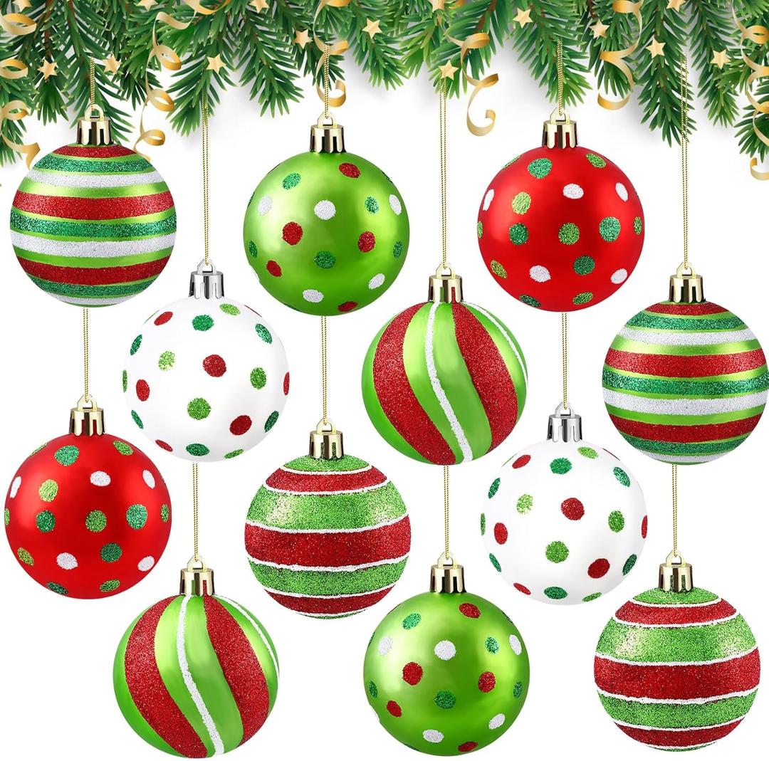 DIYDEC 12pcs Christmas Balls Ornament 3.15Inch Polka Dot Hanging Xmas Balls for Tree Decoration Glittering Red Green and White Plastic Christmas Baubles for Home Indoor Holiday Party Decor (8cm)