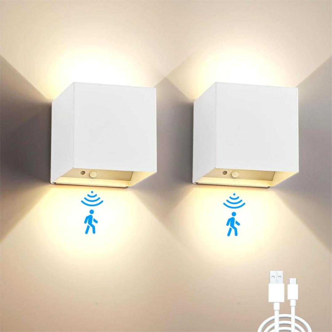 Battery Operated Wall Sconces Set of 2, 12W Motion Sensor Light Indoor, 6000mAh Wall Lights Rechargeable, 3 Colors Adjustable, LED Wall Lamp for Living Room Bedroom Hallway Decor, White