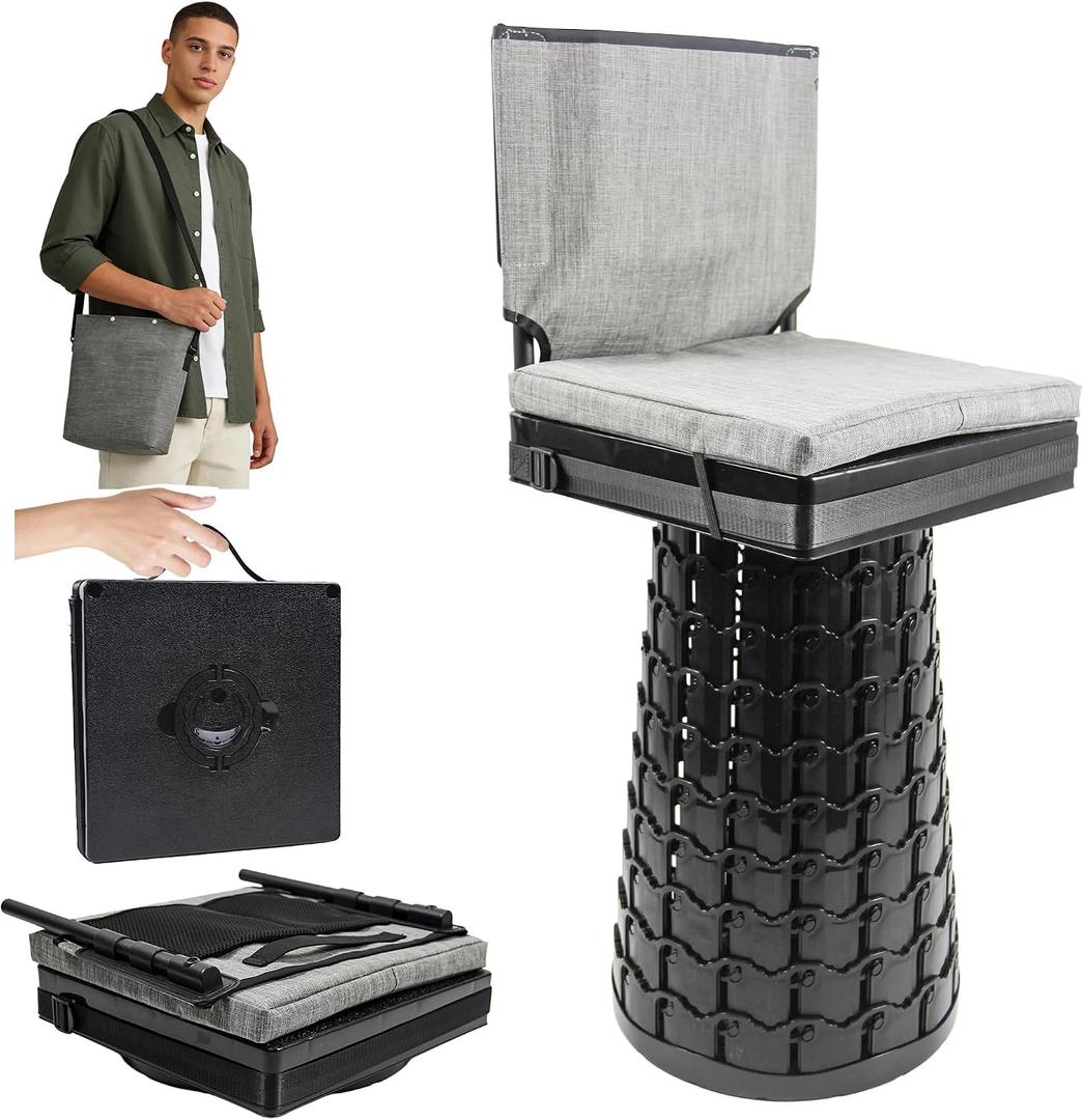 ALEVMOOM 2026 Upgraded Collapsible Stool with Backrest, Cushion & Bag, Portable Telescopic Stool Heavy Duty Load Capacity 1000lbs, Square Folding Chair for Camping Gardening Fishing Hiking BBQ