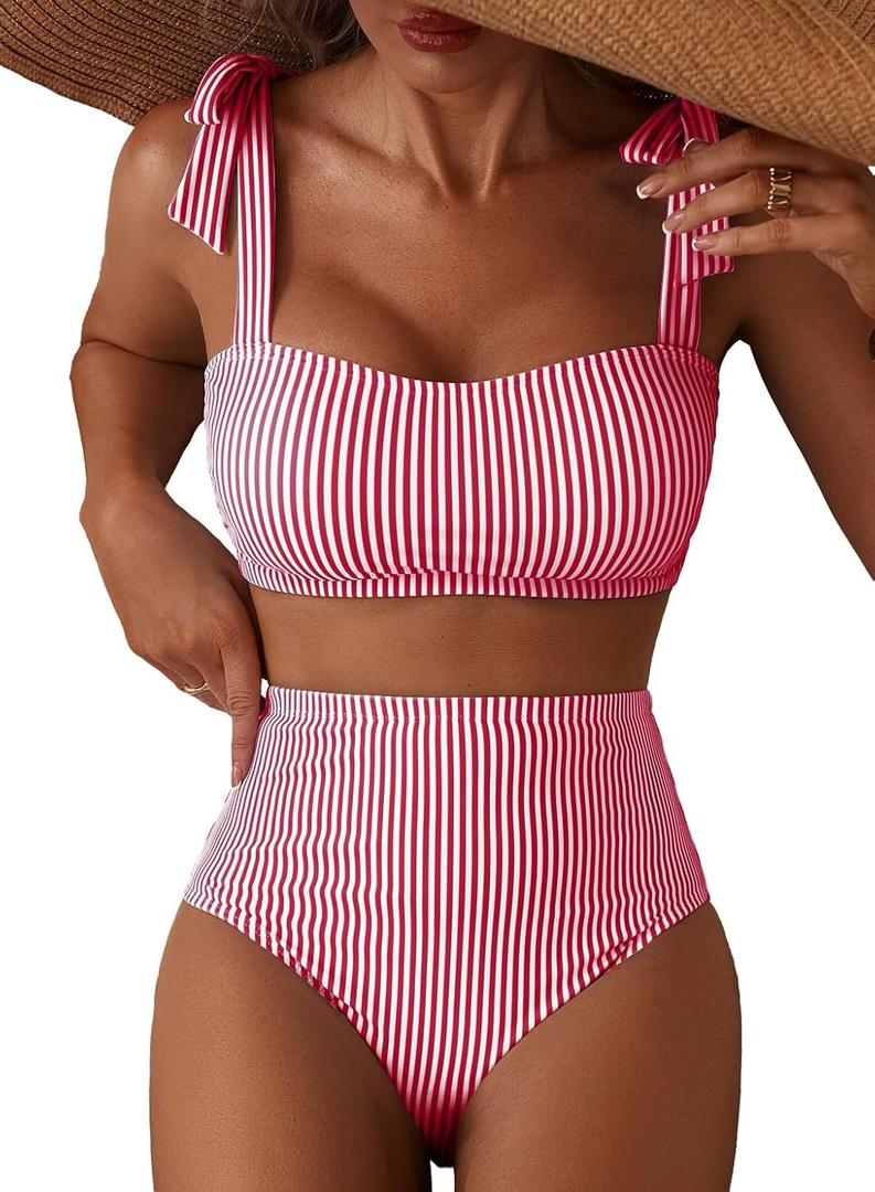 Herseas Women's Tie Shoulder Bikini Sets 2 Piece Striped Swimsuits High Waisted Bathing Suits (Red, L)