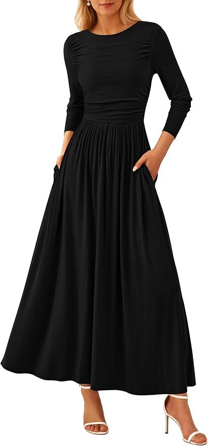 PRETTYGARDEN Women's 2025 Fashion Trendy Fall Long Sleeve Dresses Ruched Flowy Elegant Modest Boho Casual Beach Maxi Dress (Black,X-Large)