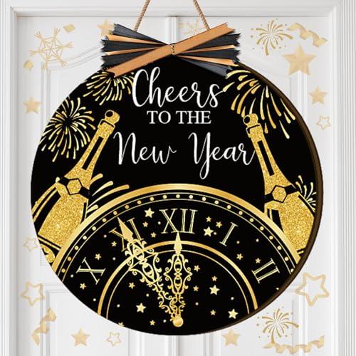 Moucuny Happy New Year Decorations 2026 Cheers to the New Year Front Door Sign Black and Gold Wreaths Wooden Hanging Welcome Door Hanger Farmhouse Sign for Home Front Doors Decor
