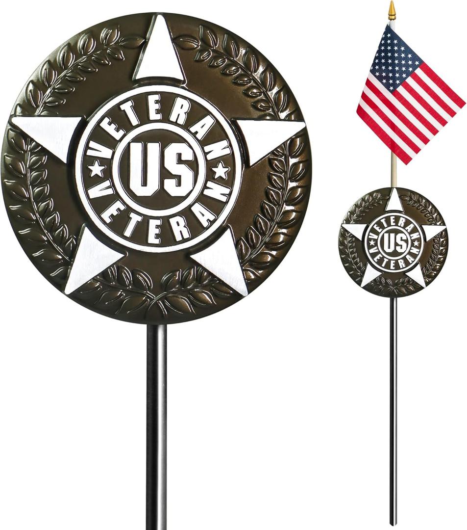 Anley American Veteran Grave Marker with US National Stick Flag 34 Inch Tall - Cemetery Memorial Graveside Plaque Flag Holder Gravemarkers for All American Military Veterans