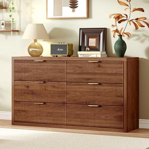 Ieejdn 55.12" Modern Chest of Drawer, 6 Deep Drawers,Clothes Organizer,Large Storage Cabinet for Living Room, Bedroom,Dresser TV Stand, Wood Drawer Organizer for Living Room, Hallway, Walnut