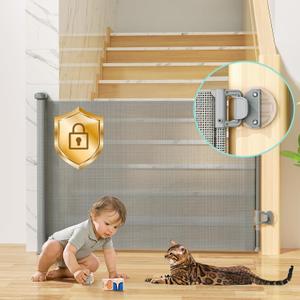 No Drilling Retractable Baby Gates for Stairs with Auto-Lock, 33" x 55" Mesh Baby Dog Pet Cat Gate with Double Locking for Doorways, Durable Child Safety Gate for Hallways Kitchen Indoor Outdoor Gray (33"Tall 55"Wide NO-Drill)
