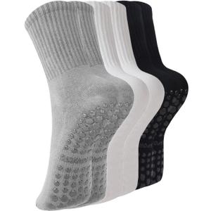 BONANGEL Pilates Socks with Grips for Women, 3 Pairs Womens Grippy Yoga Ballet Barre Hospital Gym Athletic Socks (5-9, 3pairs-black+white+grey)