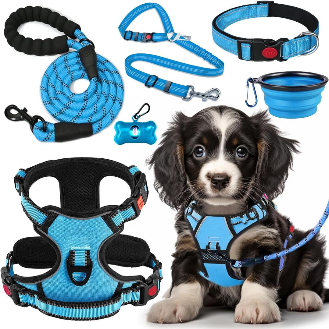 LOBEVE No Pull Dog Harness, Collar & Leash Set with Retractable Dog Seat Belt, Collapsible Dog Bowls and Poop Bag Dispenser - Ideal for Training, Walking, Hiking - Fits Small to Large Dogs(Blue-M)