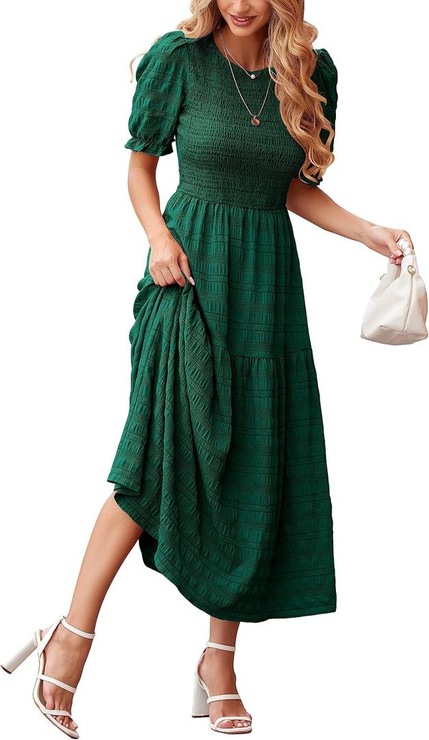 dowerme Womens Summer Dresses 2026 Casual Puff Short Sleeve Crewneck Smocked Flowy Ruffle Boho Beach Party Maxi Sundress, Medium