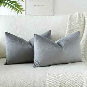 OTOSTAR Velvet Soft Solid Decorative Throw Pillow Covers 12 x 20 Inch Pillow Covers Lumbar Cushion Case Couch Pillowcases for Sofa Bed Home Decor Pack of 2 (Grey)