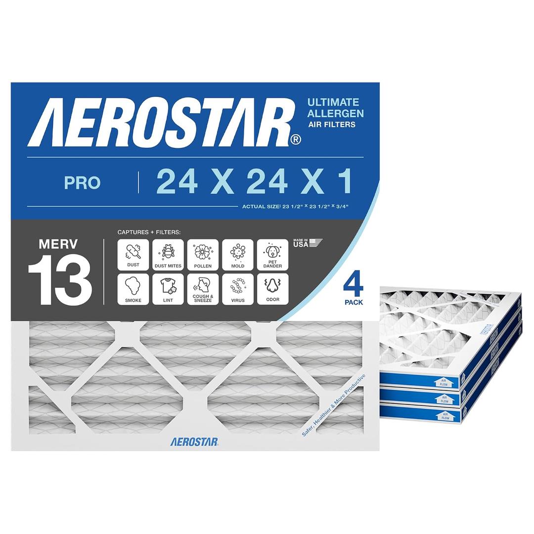 Aerostar 24x24x1 MERV 13 Air Filter, 4 Pack Set of HVAC Furnace Filters, Electrostatic MPR 1500-1900 & FPR 10 (Actual Size: 23 3/4 x 23 3/4 x 3/4 inches)