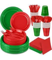 Christmas Party Supplies plaid cups and plates with red and green colored utensils (2pks each)