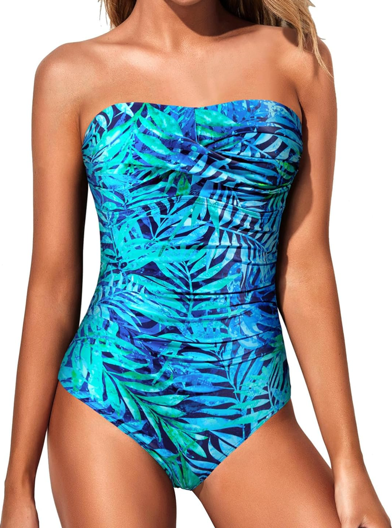 Yonique Womens Strapless One Piece Swimsuit Tummy Control Bandeau Bathing Suits Slimming Twist Front Swimwear XL