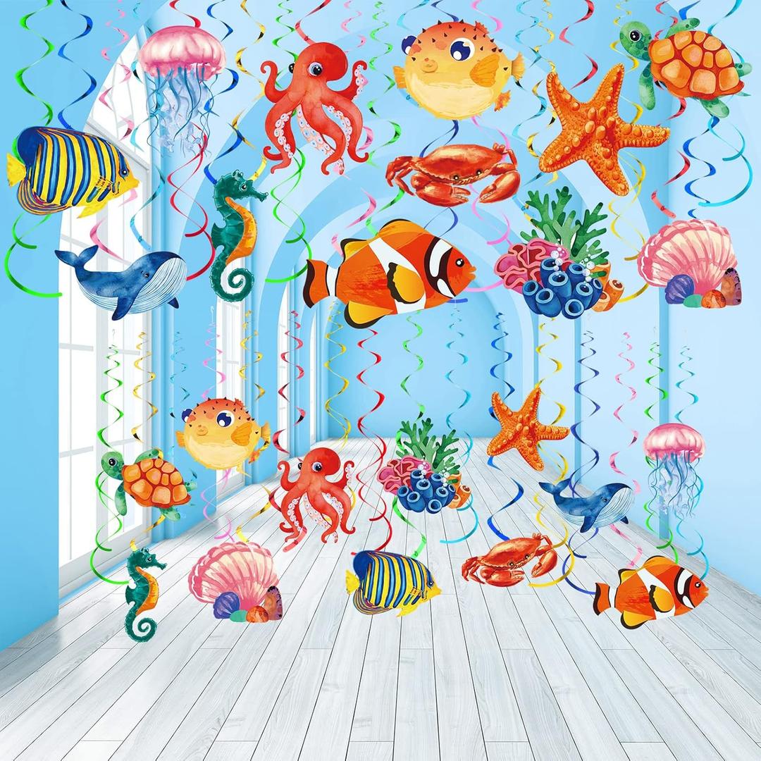 Clabby 30 Pcs Tropical Fish Hanging Swirls Under The Sea Party Decorations Ceiling Decor Ocean Themed Mermaid Creatures Beach Party Supplies Under The Sea Decor(Mixed Style)