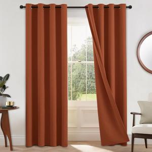 COSVIYA 100% Blackout Burnt Orange Linen Curtains & Drapes 84 Inch Length 2 Panels Set, Full Room Darkening Grommet Insulated Thermal Window Panels for Bedroom/Living Room,52x84 inches