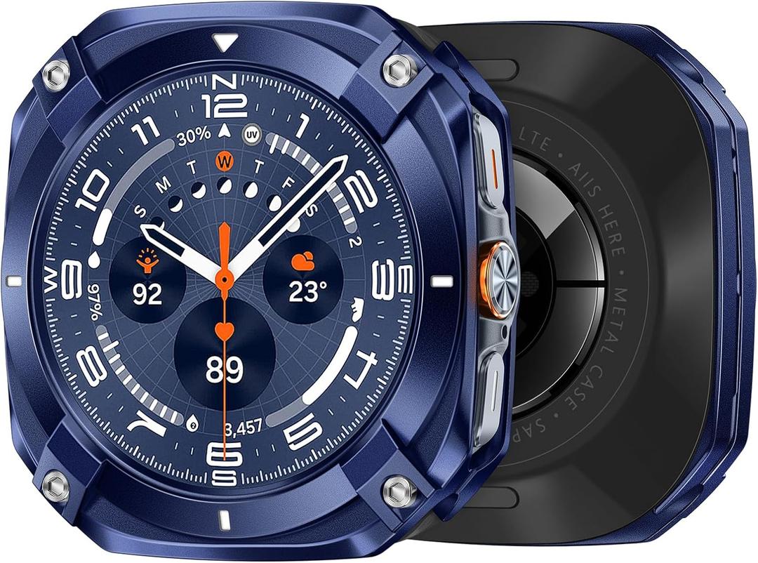 Suitisbest Metal Case for Samsung Galaxy Watch Ultra (2025/2024), Rugged Stainless Steel Protective Bezel with Back Cover, Bumper Cover for Samsung Galaxy Ultra Watch 47mm (Multiple Colors) (Blue White)