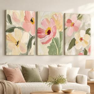 3 Pcs Abstract Floral Canvas Wall Art,Pink Flowers Picture Wall Decor, 24"L x 16"W