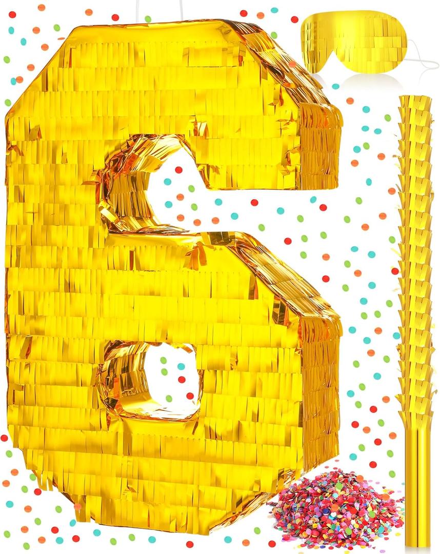 Sratte Piata Birthday Party Decorations Gold Foil Piata with Stick Blindfold Confetti for Boy Girl Birthday Anniversary Celebrations Fiesta Supplies(Number 6)
