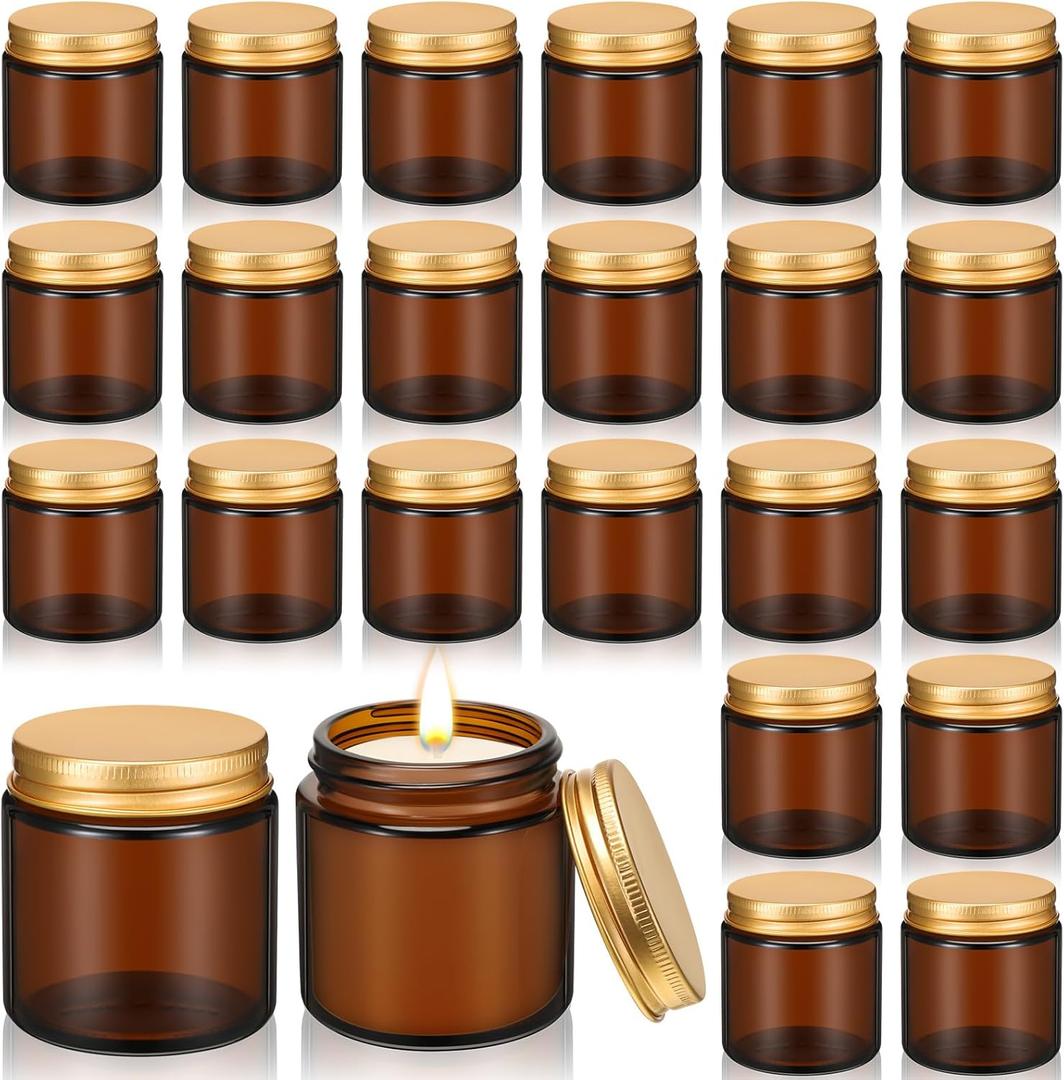 Zhehao 24 Pcs Glass Candle Jars with Lids Bulk, Round Empty Candle Container Tins, Dishwasher Safe and Leakproof DIY Crafts (Amber,Gold,4 Oz)
